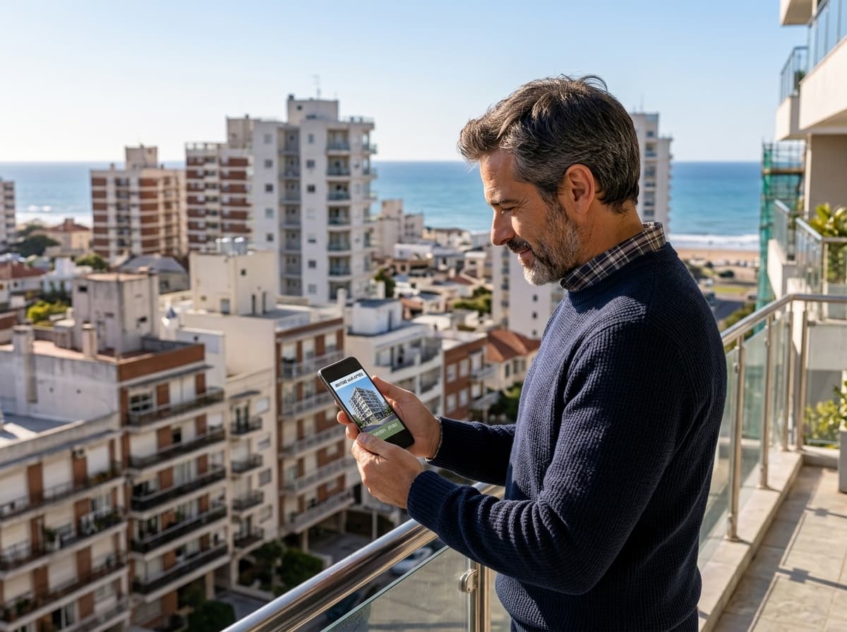 Propietario en la costa consultando los avances y el estado de su edificio desde su teléfono