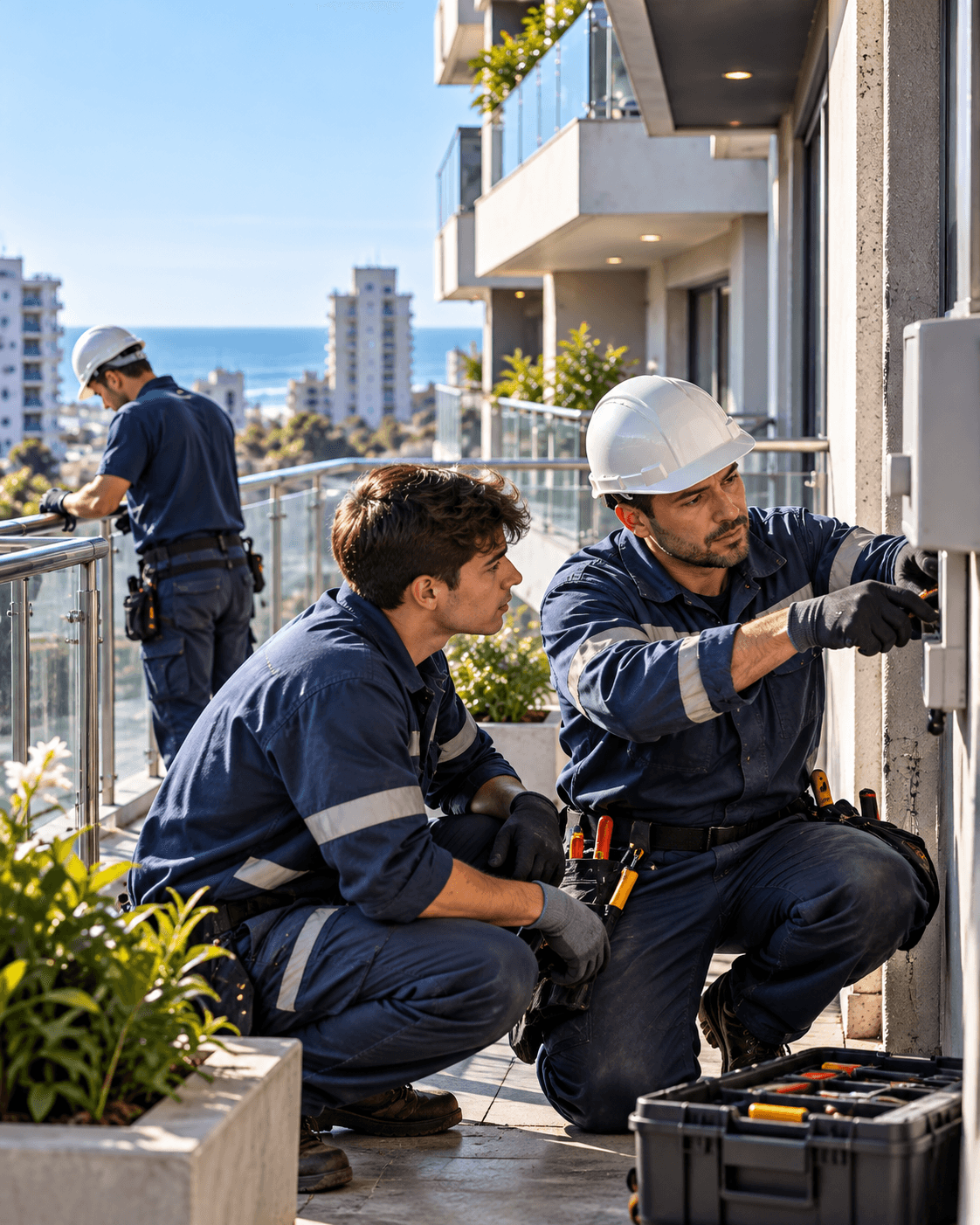 Operarios y técnicos de mantenimiento edilicio EDIFIXO trabajando con seguridad y profesionalismo